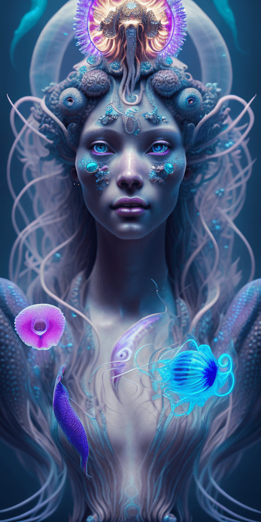 AI generated: goddess close-up portrait ribcagel. jellyfish phoenix head, nautilus, orchid, skull, betta fish, bio...