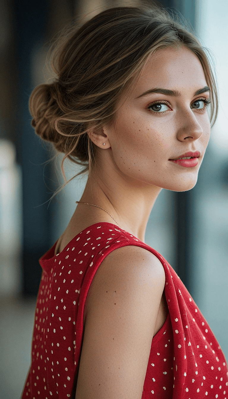 AI generated: An image of a young woman with a soft, natural complexion and a low bun hairstyle, featuring loose s...