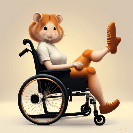 AI generated: ginger hamster in a wheel chair, its leg is raised and in a cast. it is smiling and waving.
warm lig...
