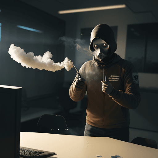 AI generated: It network security guy throwing smoke bomb in office like counter strike