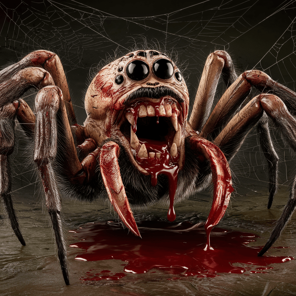 AI generated: realistic creepy old spider, natural light, high detail skin, creepy setting, horror, open mouth wit...
