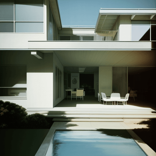 AI generated: Hyper realistic eye level exterior photo of a mid century modern style house overlooking the ocean, ...