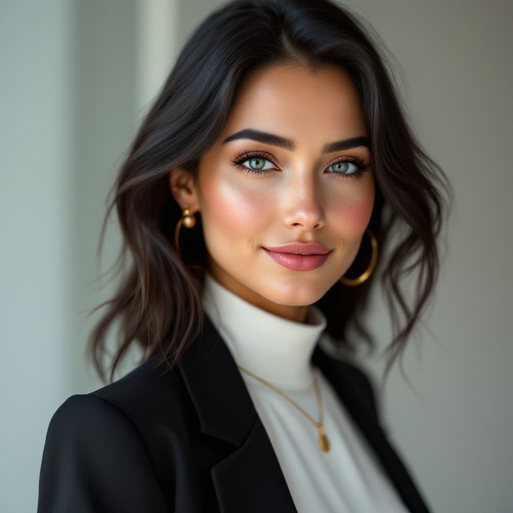 AI generated: Create an ultra-realistic portrait of a woman with lifelike features. She has smooth, slightly tanne...