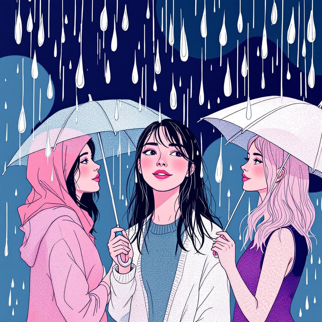AI generated: illustration, women, three, umbrellas, some raindrops pink, purple, blue, white, outlines --ar 9:16