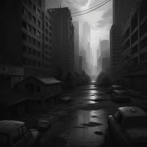 AI generated: "The Last of Us Part II", illustration black-and-white of a post-apocalyptic cityscape inspired in "...