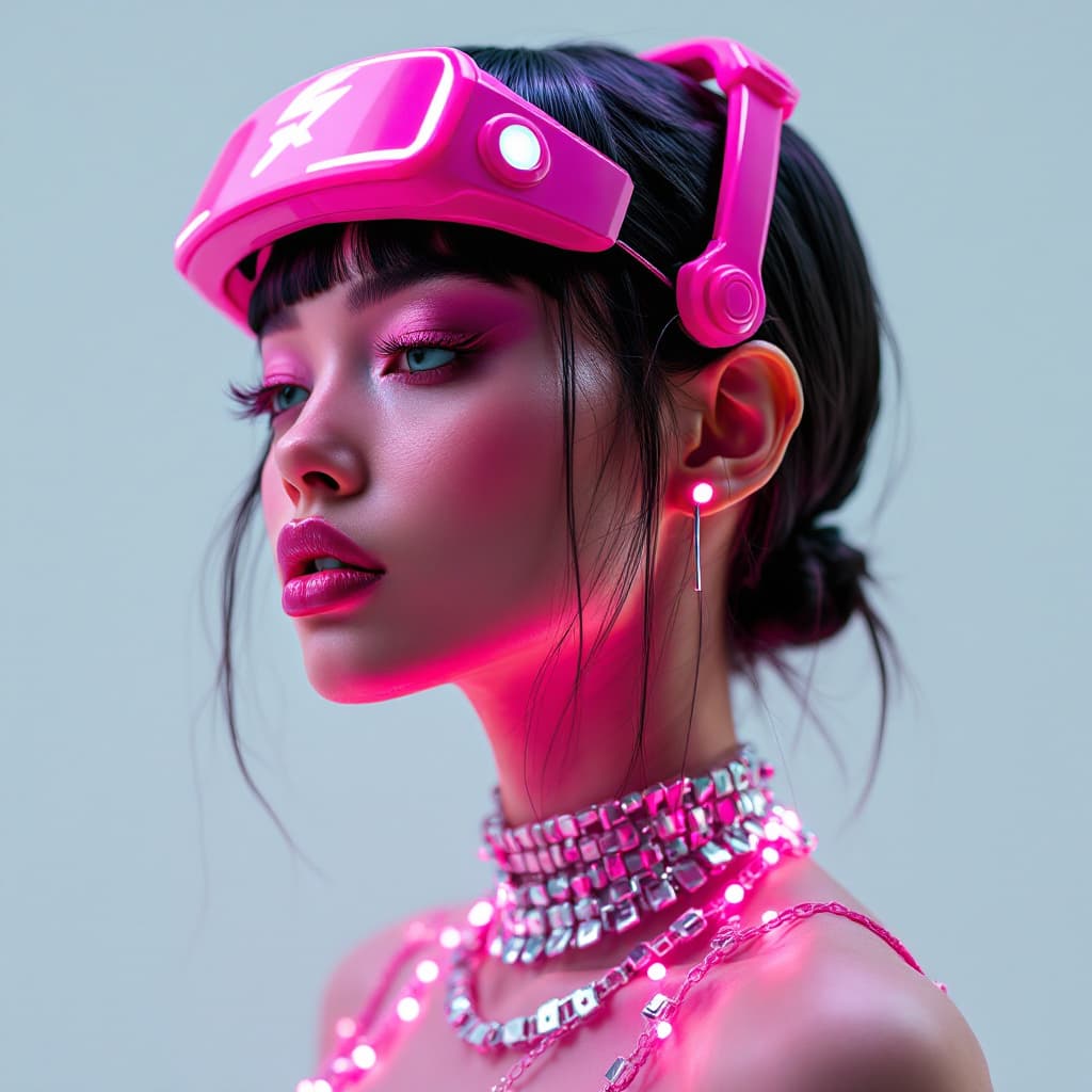 AI generated: cyber punk, graphic design, pink electronic, girl's face, side view, pretty and cute, silver shiny n...