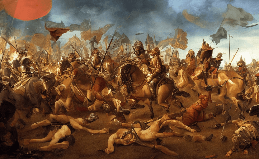 AI generated: A battle is happening between two armies, Renaissance style a cinematic scene set during golden hour...