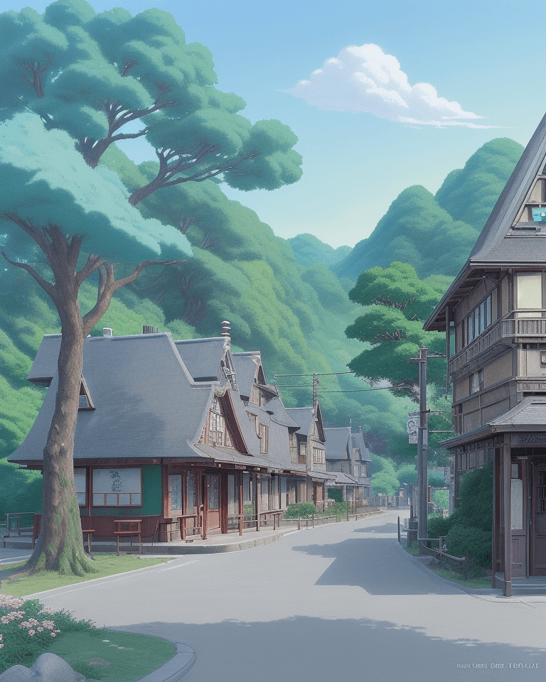AI generated: anime scene of beautiful a bus stop in a town, studio Ghibli , style of hayao Miyazaki , beautiful a...