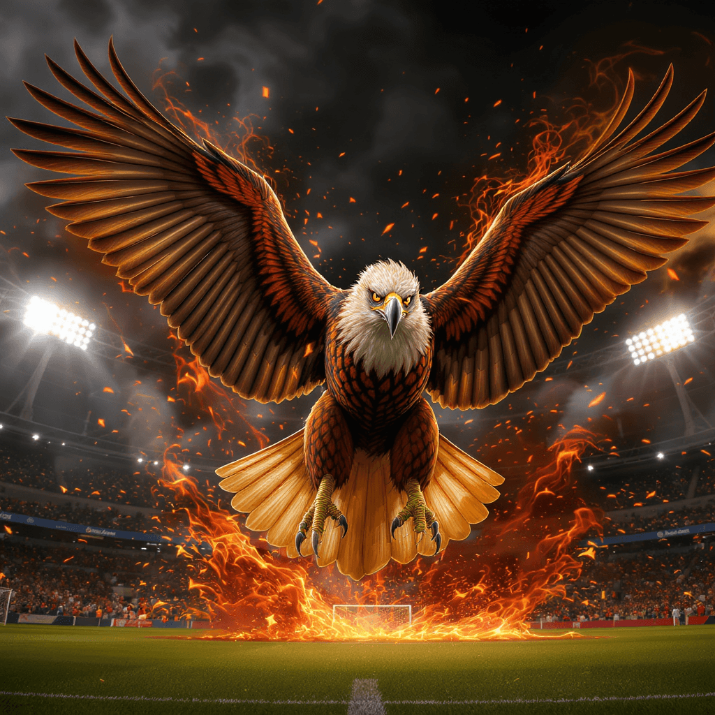AI generated: A majestic Garuda eagle soaring proudly above a soccer field, captured in a dynamic pose with its wi...