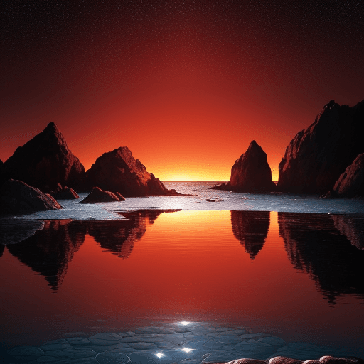 AI generated: A dazzling crimson moon hangs low in the night sky over the vast expanse of the ocean, casting a fie...