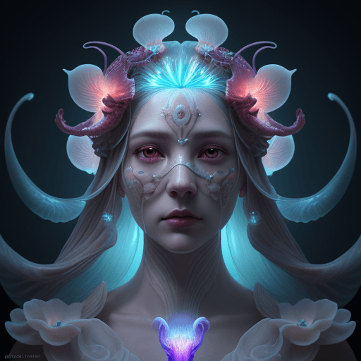 AI generated: Goddess close-up portrait ribcagel. jellyfish phoenix head, nautilus, orchid, skull, betta fish, bio...