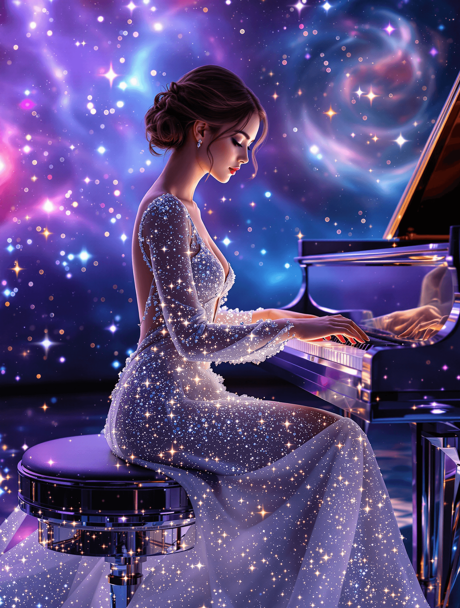 AI generated: A breathtaking cosmic fantasy scene featuring a beautiful young woman seated at a grand piano, her f...