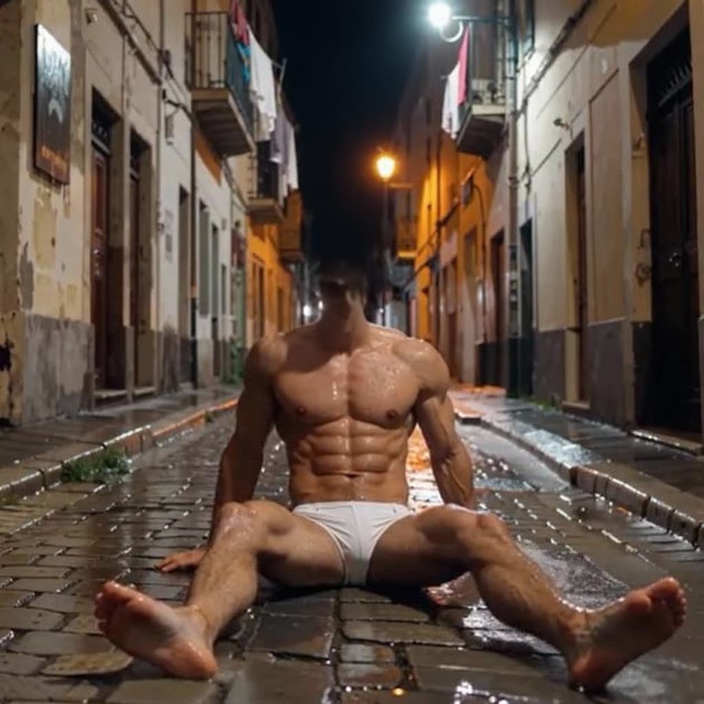 AI generated: A muscular man sitting on a wet cobblestone street at night, shirtless and wearing white shorts. He ...