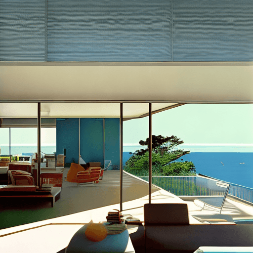 AI generated: Hyper realistic eye level exterior photo of a mid century modern style house overlooking the ocean, ...