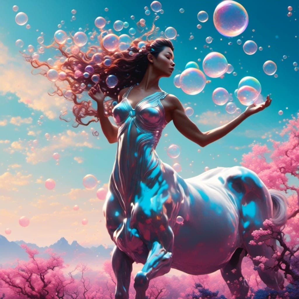 AI generated: "(<lora:The Centaur v2:1.0>: 2.5) (Beautiful female chiron centaur gracefully blowing iridescent bub...