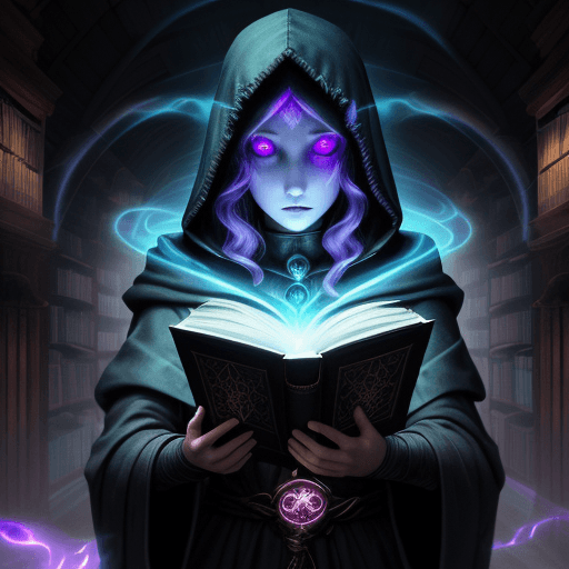 AI generated: A mystical girl, otherworldly library of ancient, glowing tomes, their pages filled with forbidden k...