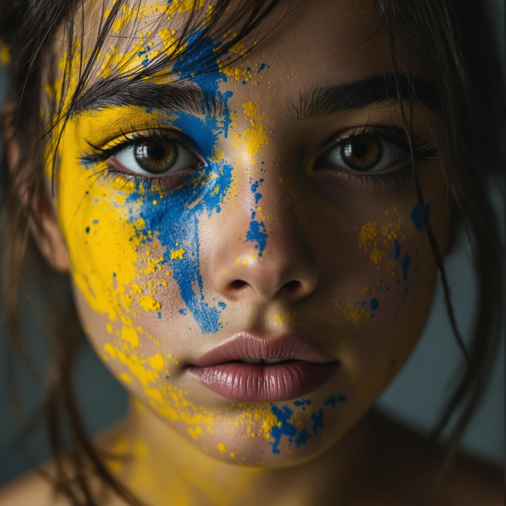 AI generated: a girl with paint on her face, in the style of dark yellow and dark azure, master of ink, acrobatic ...
