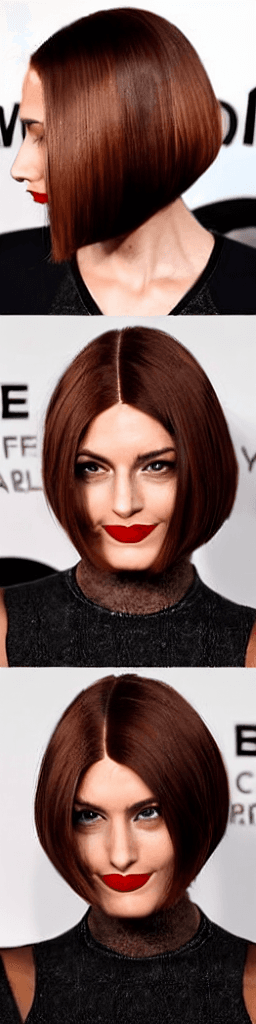 AI generated: Her hair is styled in a sleek, modern bob that falls just above her shoulders. It is a rich chestnut...