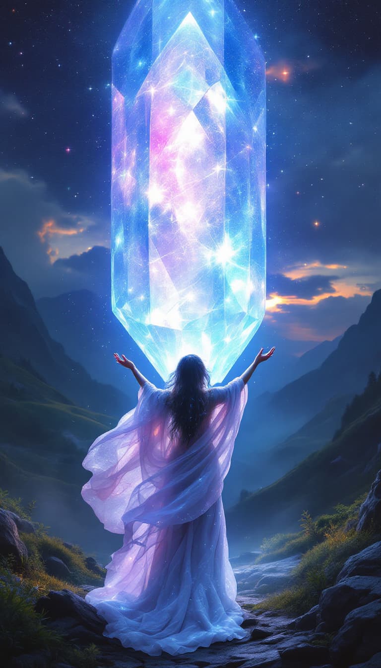 AI generated: Photorealistic fantasy composition, a female mage in a celestial gown standing before a massive, flo...