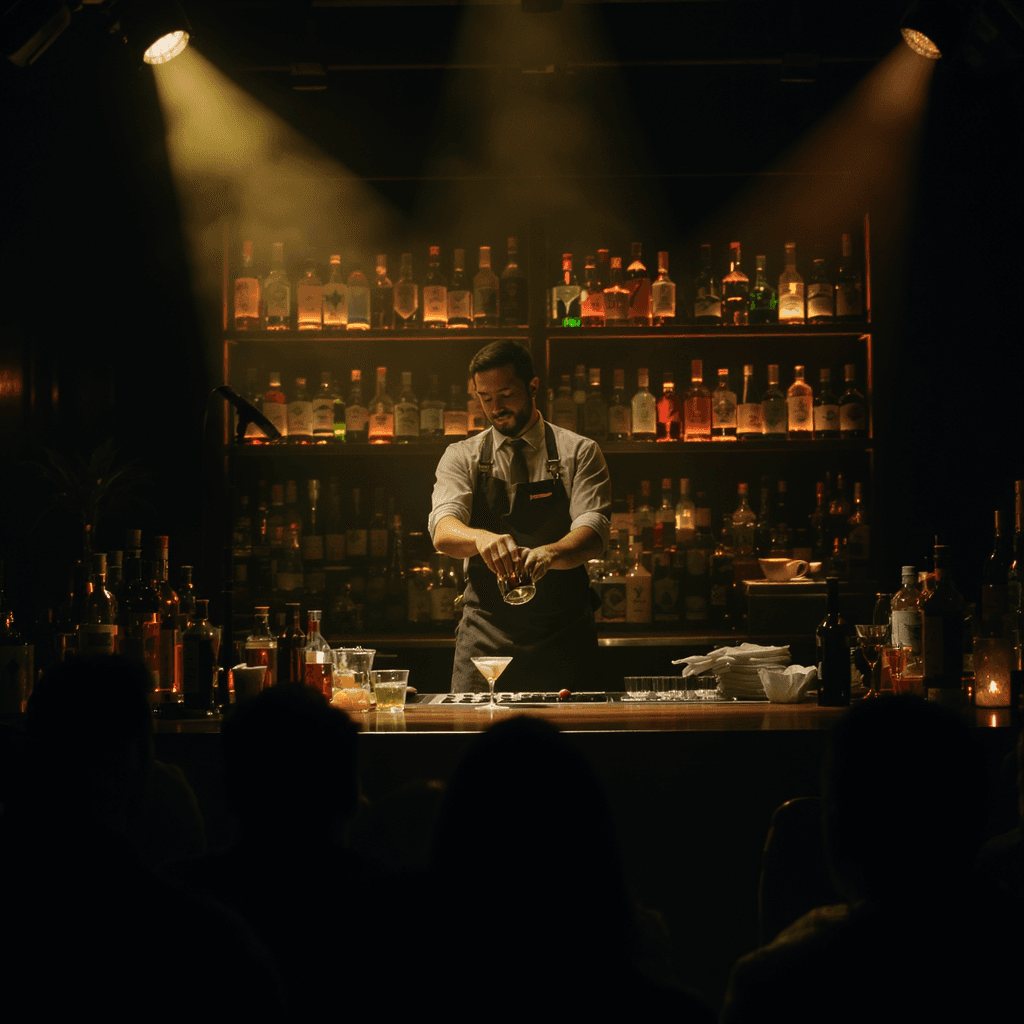 AI generated: A bartender performing on stage, cinematic lighting, shallow depth of field, viewed from the crowd, ...