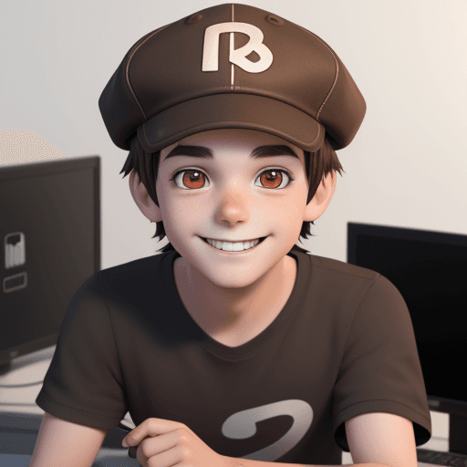 AI generated: 
Young male, with short, straight, dark brown hair, and cap, smiling, kawaii pixar eyes, working on ...