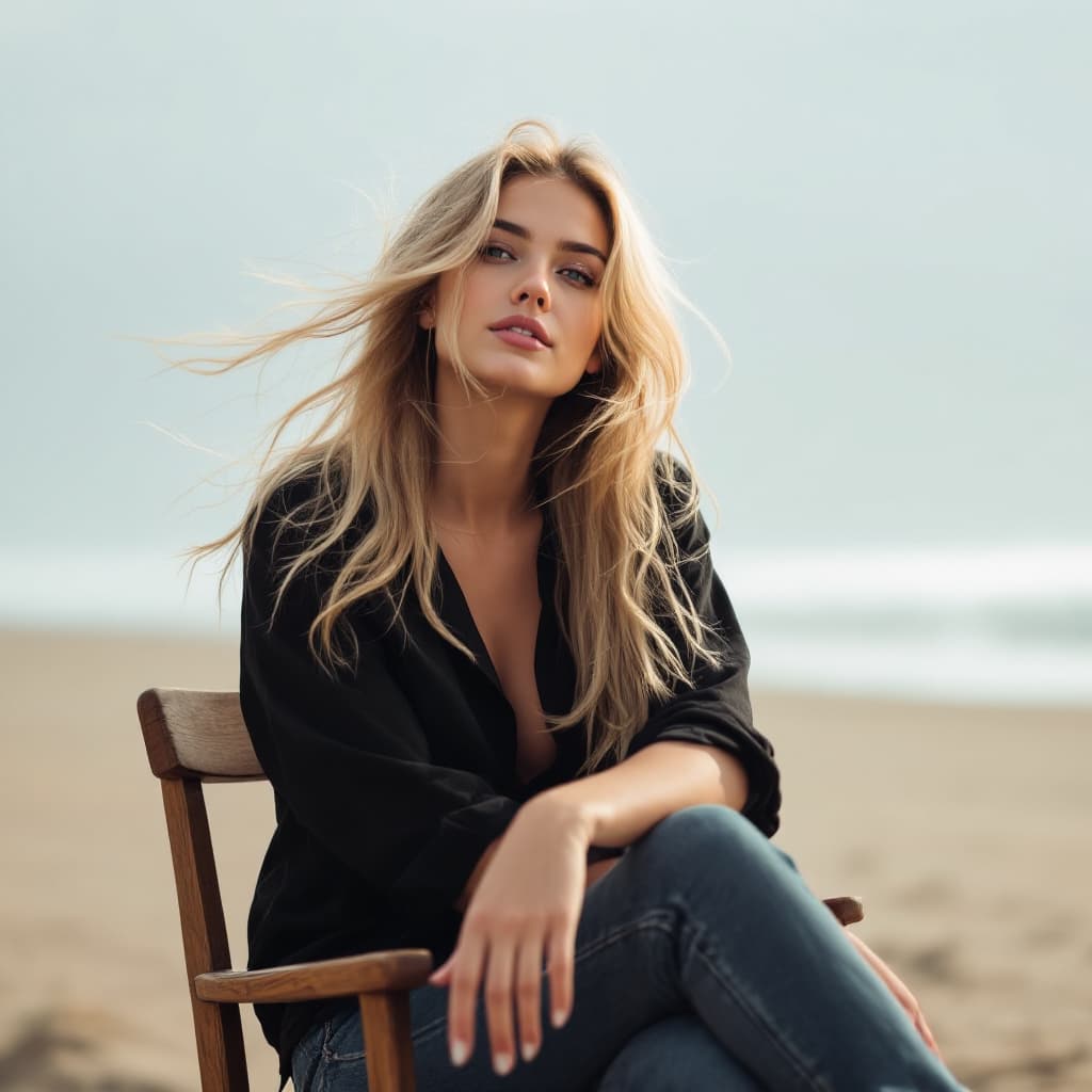 AI generated: A  female, The image features a beautiful blonde woman sitting on a wooden chair, wearing a black sh...