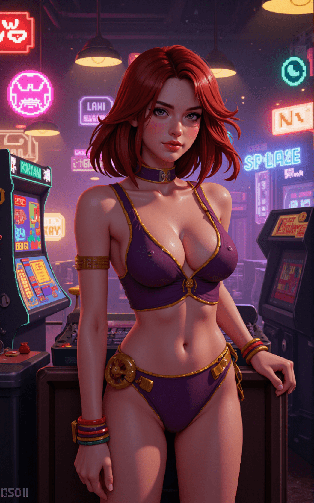 AI generated: In a nostalgic retro arcade setting, a woman stands illuminated by the glow of vibrant pixelated scr...