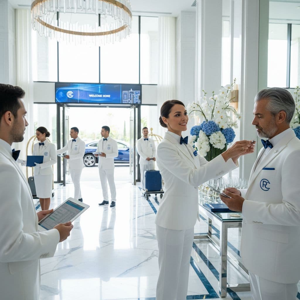 AI generated: *"Luxury villa entrance hall, bright and modern, with staff preparing for a UHNW guest arrival. The ...