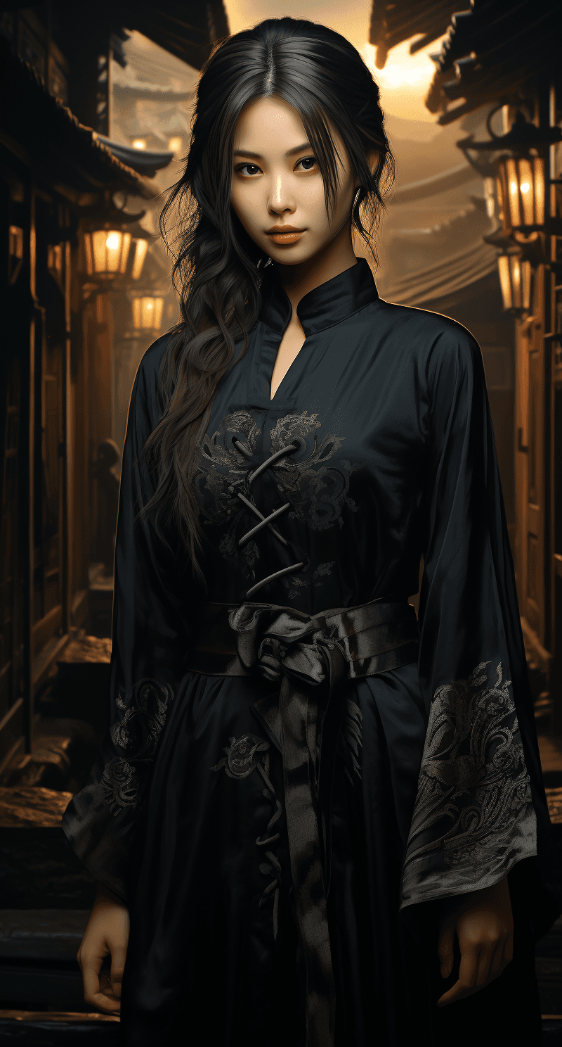 AI generated: a girl in black wears an asian robe posing for a photo, in the style of artgerm, historical genre sc...