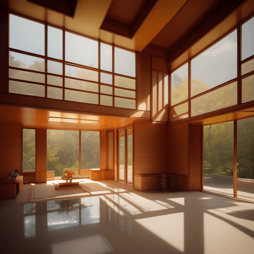 AI generated: one storey house in the style of frank lloyd wright, sunny day, in the style of light reflections, h...