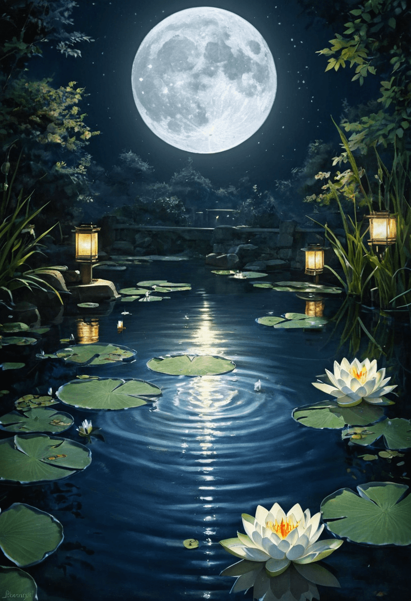 AI generated: A serene koi pond illuminated by the soft, warm glow of a full moon casting ethereal light across th...