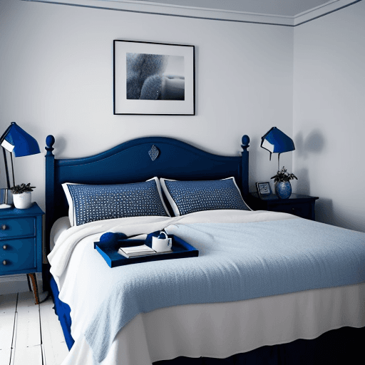 AI generated: An editorial photograph of a cozy Scandinavian bedroom interior design, royal blue headboard, lush b...