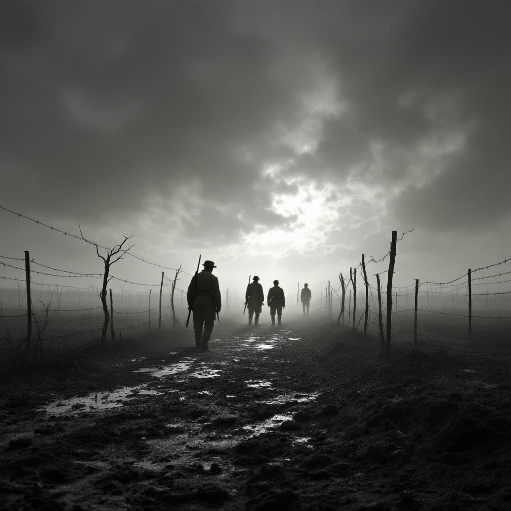 AI generated: Create a WWI no-mans land scene: a barren, war-torn landscape under a foreboding, gray cloudy sky, w...