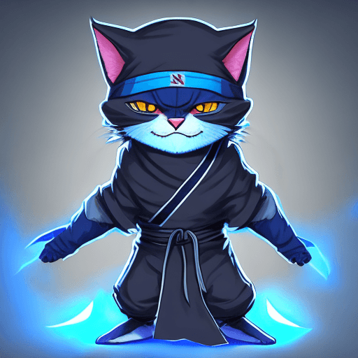 AI generated:  an anthropomorphic cute cat wearing [ninja outfit : Gray ninja jacket, gray ninja pants, blue scale...