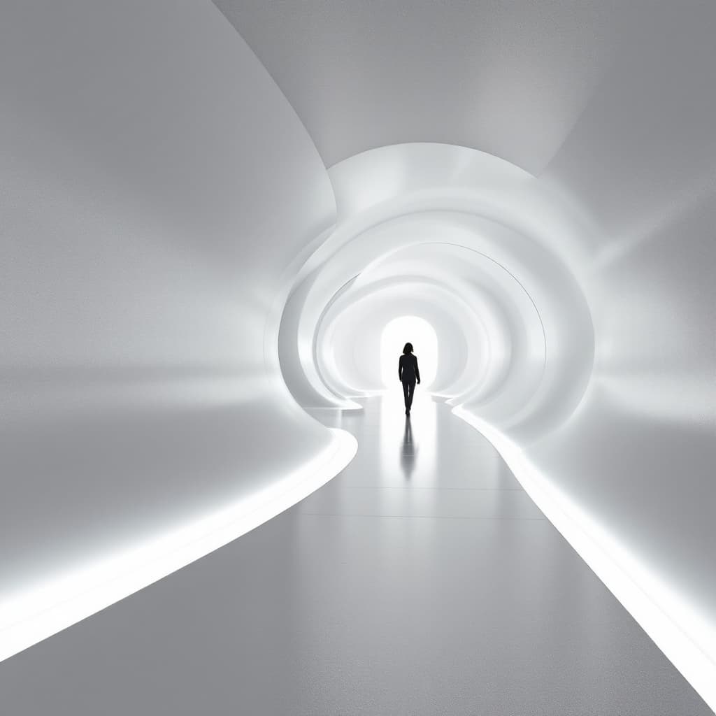 AI generated: Visualize, futuristic hallway with a seamless, curved design, walls are pure white with integrated s...