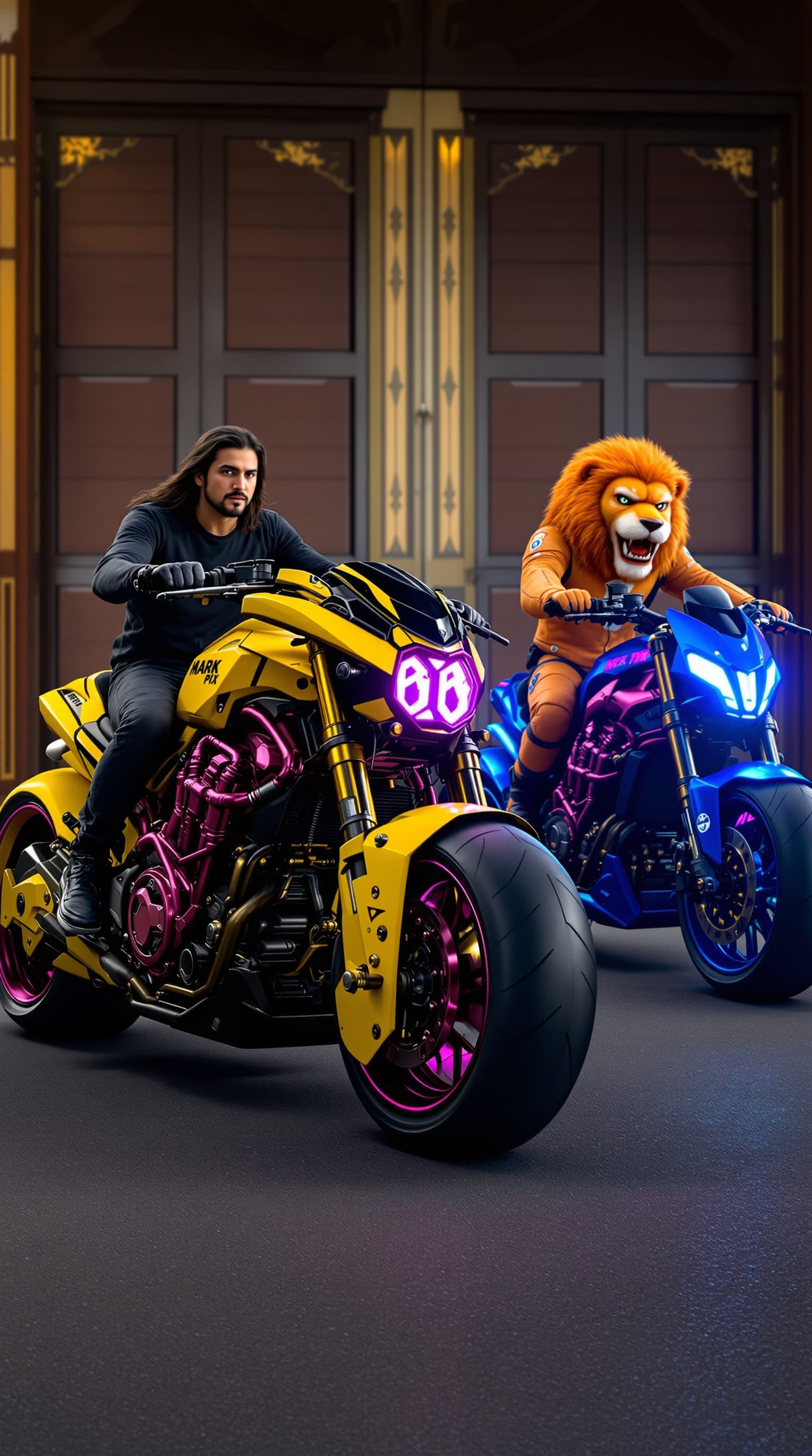 AI generated: Two futuristic Akira-style motorcycles, one yellow and black and the other blue, are ridden at night...
