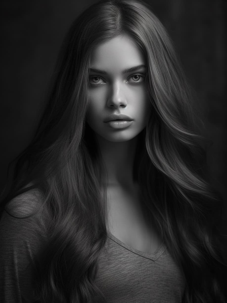 AI generated: a black and white photo of a woman with long hair, inspired by irakli nadar, pexels contest winner, ...