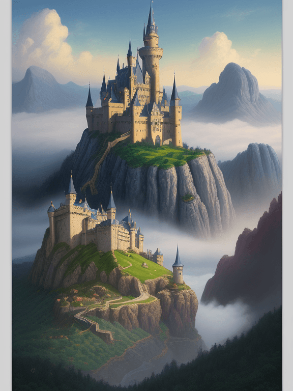 AI generated: fantasy artwork a painting of a princess castle in the middle of a foggy mountain, a detailed matte ...