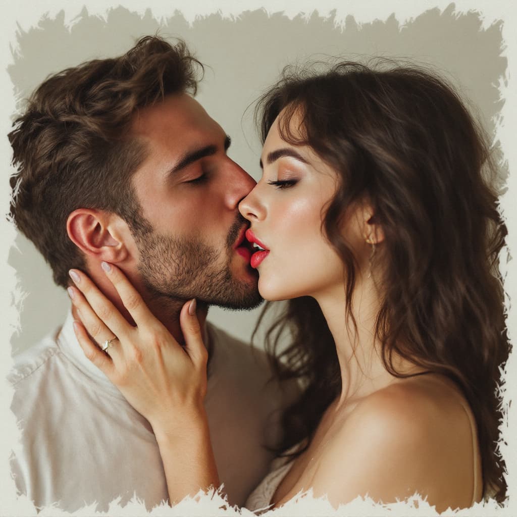 AI generated: A man bit in the woman lips