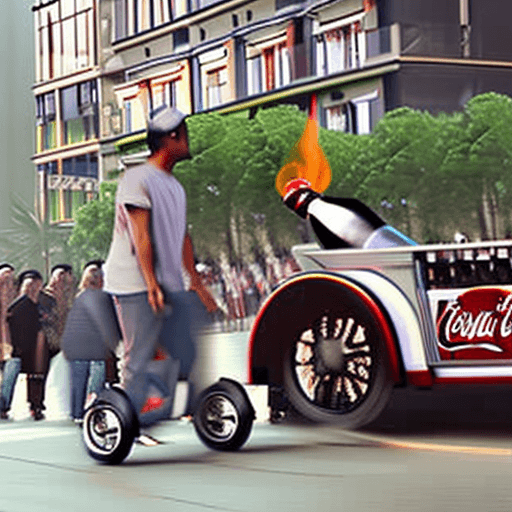 AI generated: An Asian middle-aged man around 35 years old holding a Coca-Cola bottle extinguishing a fire on a th...