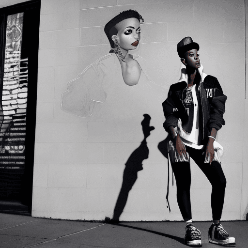 AI generated: A full-body portrait of a mesmerizing woman with mohawk fade (haircut), 2010s street style, sneakers...