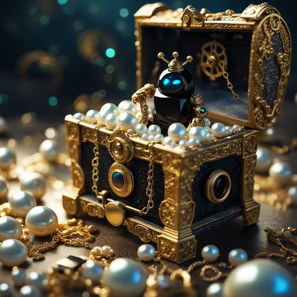 AI generated: a Treasure chest (filled with pearls), and a jeweled figure inside with glowing eyes, photorealistic...