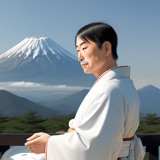 AI generated: Portrait of a Japanese man in kimono against the background of Mount Fuji in Japan. A man in a white...