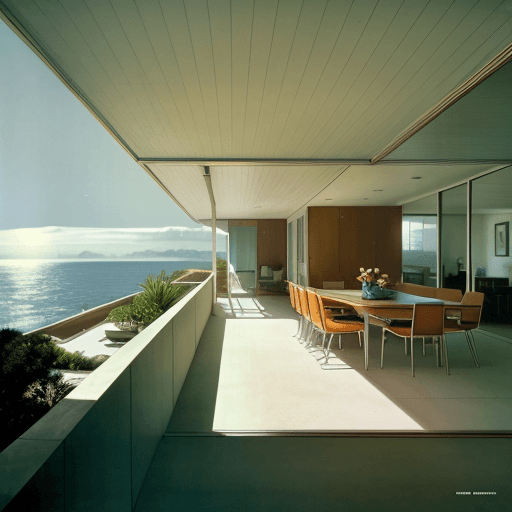AI generated: Hyper realistic eye level exterior photo of a mid century modern style house overlooking the ocean, ...
