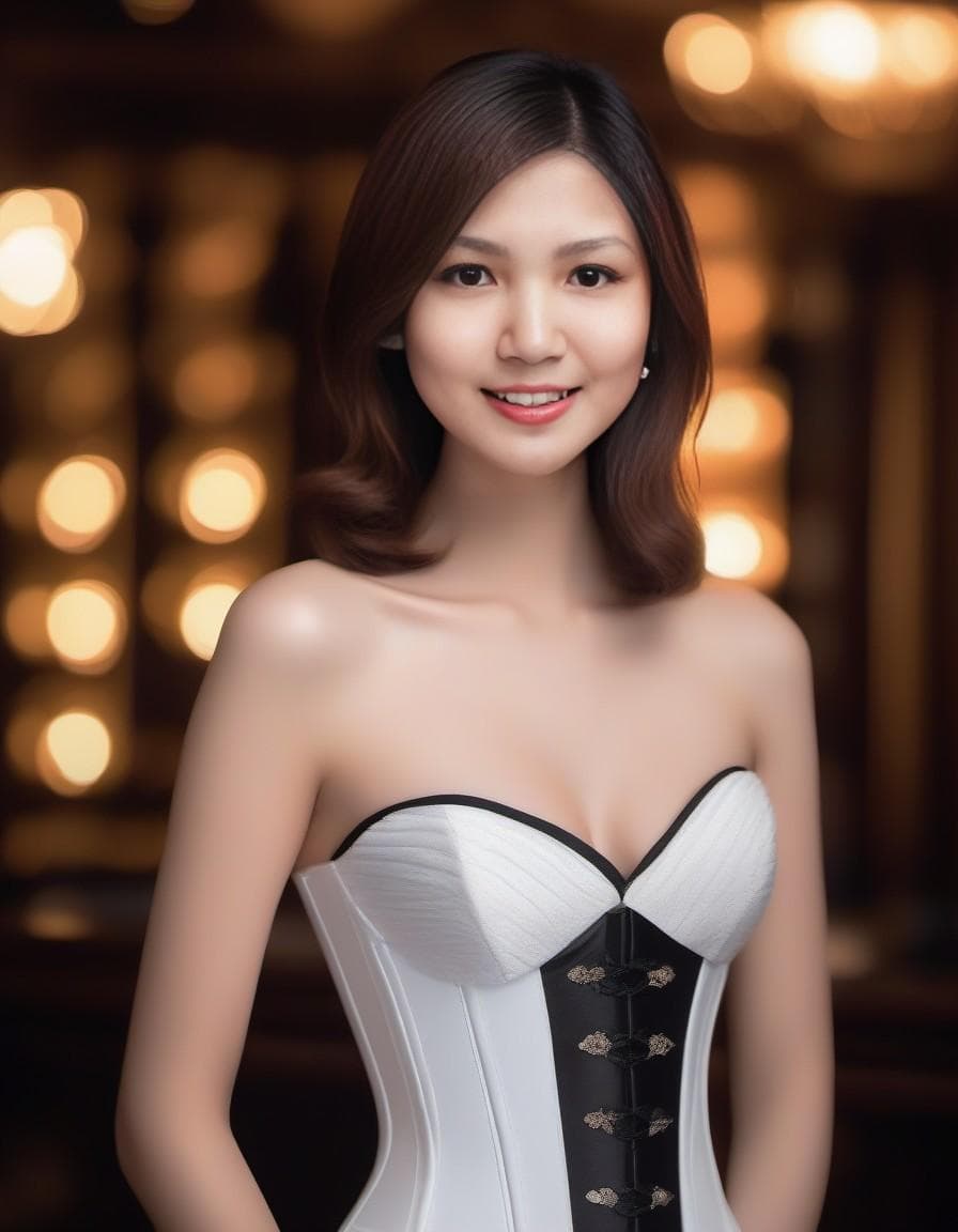 AI generated: A stunning fair-looking lady posing wearing a white and black mini corset dress, diffuse glow, indoo...