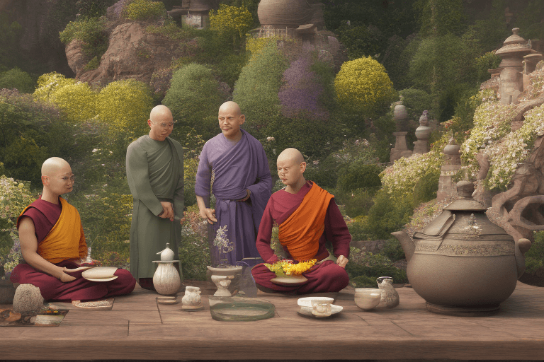 AI generated: High resolution portrait beautiful lively garden, some student monks, cup of tea and teapot, wooden ...