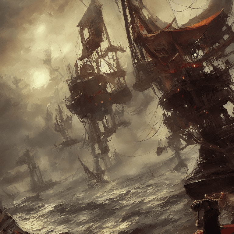 AI generated: oil painting with heavy impasto of a pirate ship and its captain, cosmic horror painting, elegant in...