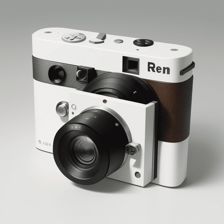 AI generated: A compact camera designed by Dieter Rams. Product ad retro. Colorful stunning design.