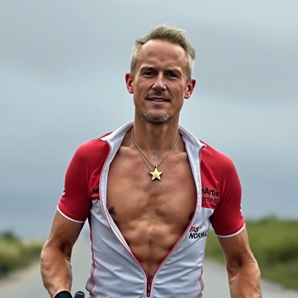 AI generated: Simen Nordahl Svendsen the gravel cyclist riding for the PAS Normal team, with his shirt open so his...