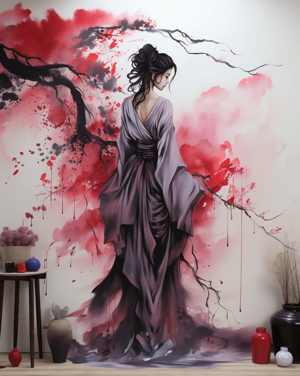 AI generated: geisha woman in ink on white matte vinyl wall sticker, in the style of anton mauve, light pink and r...
